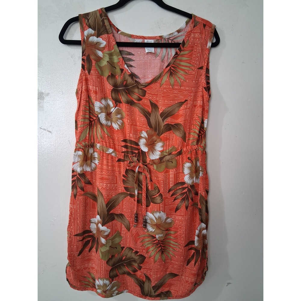 Palmwave Hawaii Womens Orange Tropical Hibiscus Rayon Drawstring Dress‎ Small